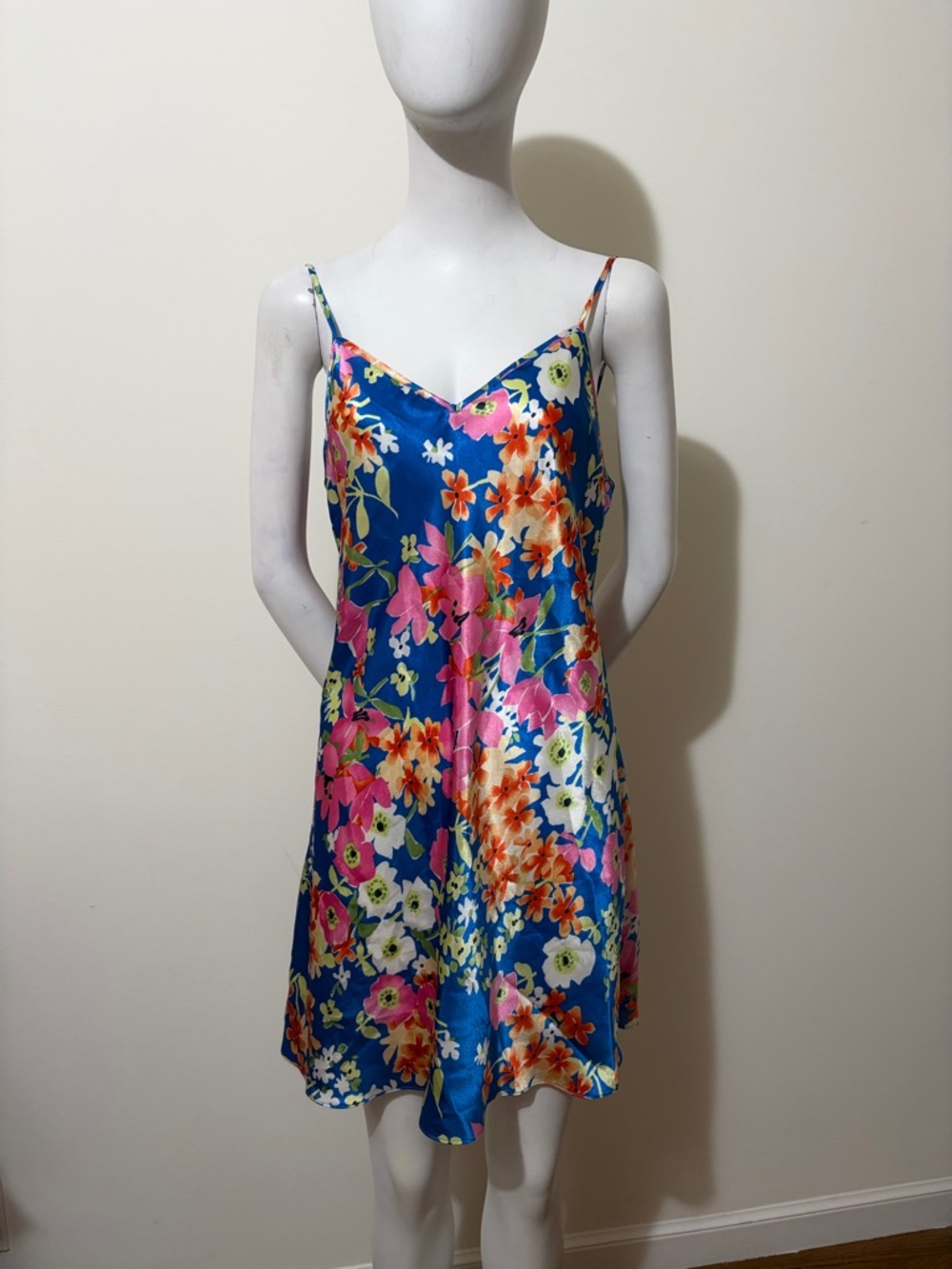 Morgan Taylor Blue Floral Satin Slip with Multicolor Blooms